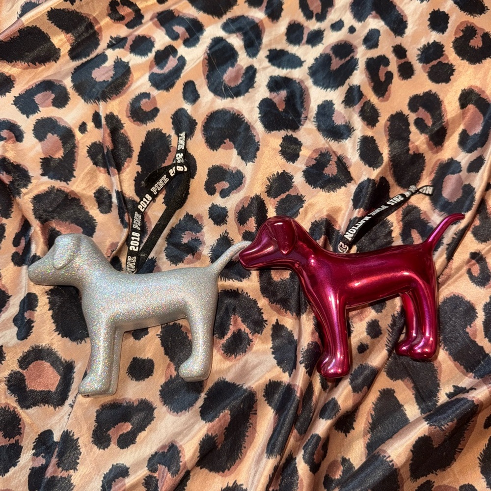 PINK Victoria's Secret Metallic Pink & Glitter Silver Dog Ornaments